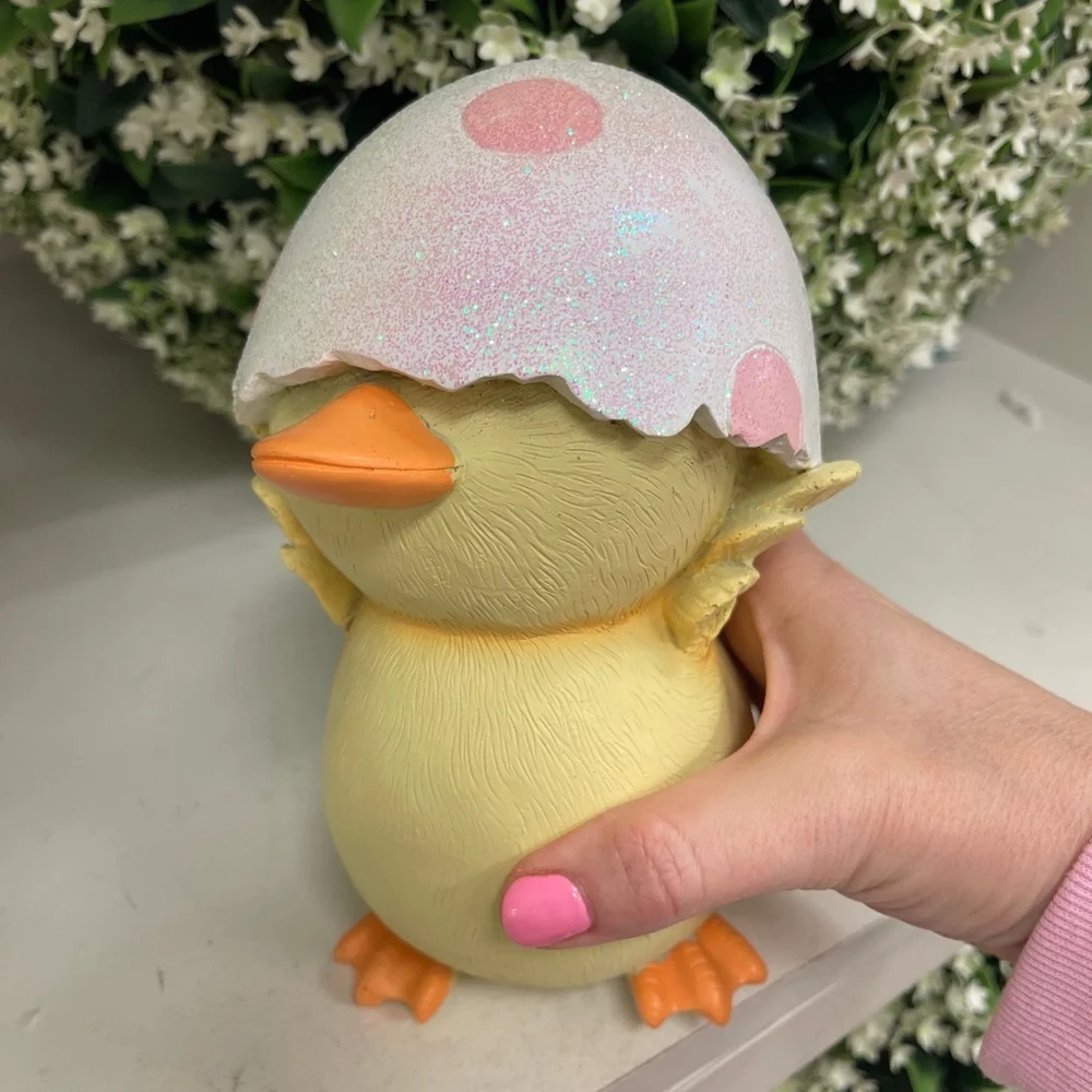Easter Chick in Pink Glitter Pastel Polka Dot Easter Egg Shell Resin Figure NWT